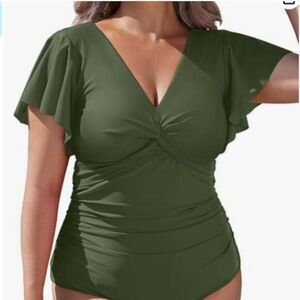 Aqua Eve Green Flutter Sleeve Swimsuit beach vacation resort size 18w NWT